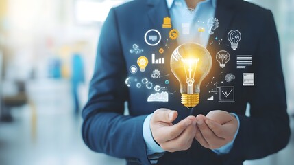 A businessman holding a creative light bulb, representing industry networks, analysis solutions, and marketing strategies, highlighting innovation and strategic planning in business