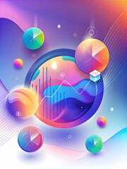 Fototapeta premium Abstract Gradient Background with Floating Holographic Finance Icons: Vibrant Coins and Charts for Diverse Financial Planning Marketing Use