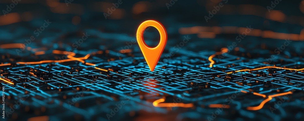 Poster a vivid illustration of a digital map with an orange location marker highlighting specific geographi