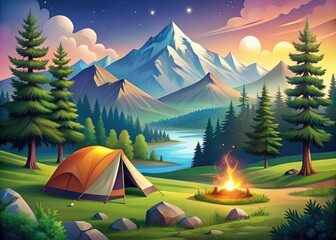 Serene mountain landscape vector illustrations perfect for outdoor adventures and nature enthusiasts, capturing the beauty and tranquility of camping in nature's embrace.
