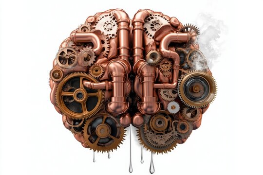 Steampunk brain composed of copper pipes, intricate gears turning, with steam leaking from its metallic surface