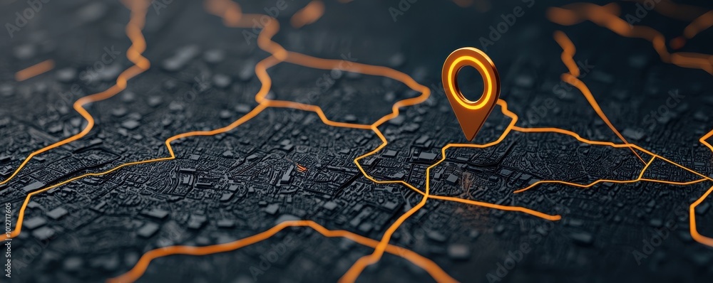 Poster a detailed map with glowing orange lines and a bright pin marking a specific location against a dark