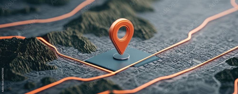 Poster a close-up of a map focus point indicating a location with an orange pin, depicting terrain and path