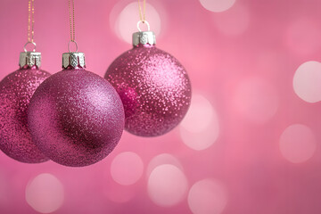 Obraz premium Three glittery pink baubles hanging against a vibrant pink background with soft bokeh, creating a bright and festive look.
