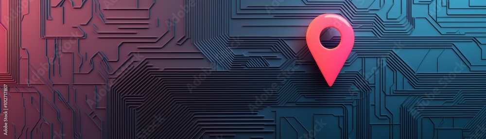Poster a digital circuit background with a prominent pink location pin symbolizes navigation and technology
