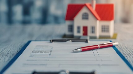 A clipboard with a document is placed on a table, with a miniature house and a red pen beside it, highlighting real estate or home purchase processes.