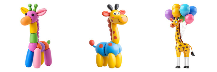 Giraffe-shaped balloon designs in vibrant colors. Decorative animal figures for childrens parties and playful environments. Concept of fun, imagination, and cheerful events
