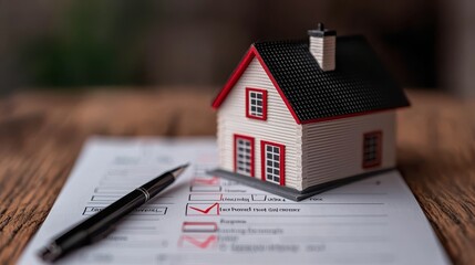 A miniature house sits on a checklist, symbolizing home inspections or real estate processes, with a pen for notes.