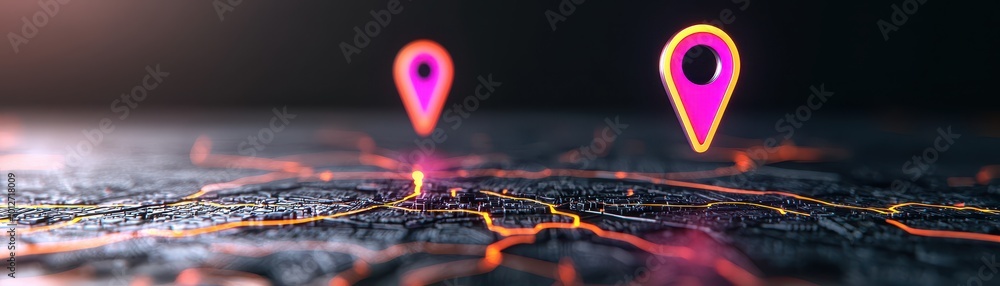 Poster a digital map highlighting location pins with vibrant colors, symbolizing navigation and connectivit