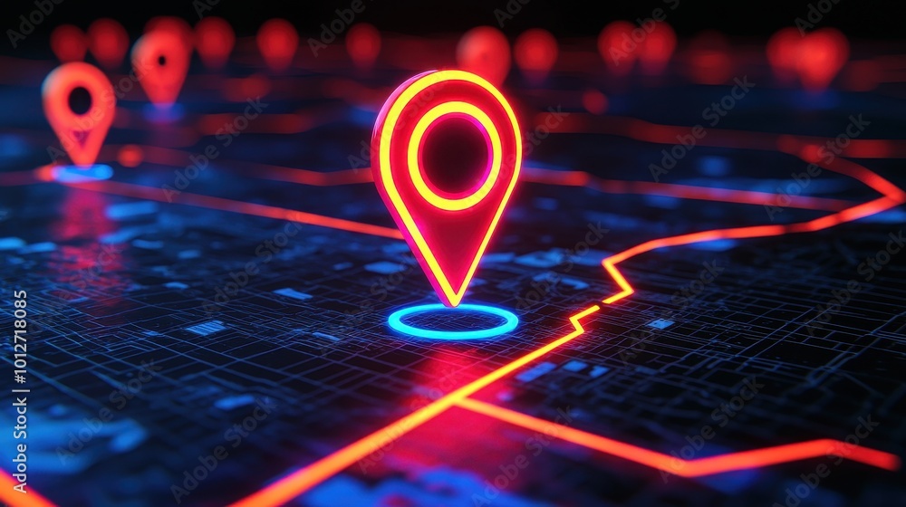 Poster a vibrant digital map featuring neon location markers that highlight specific points of interest aga