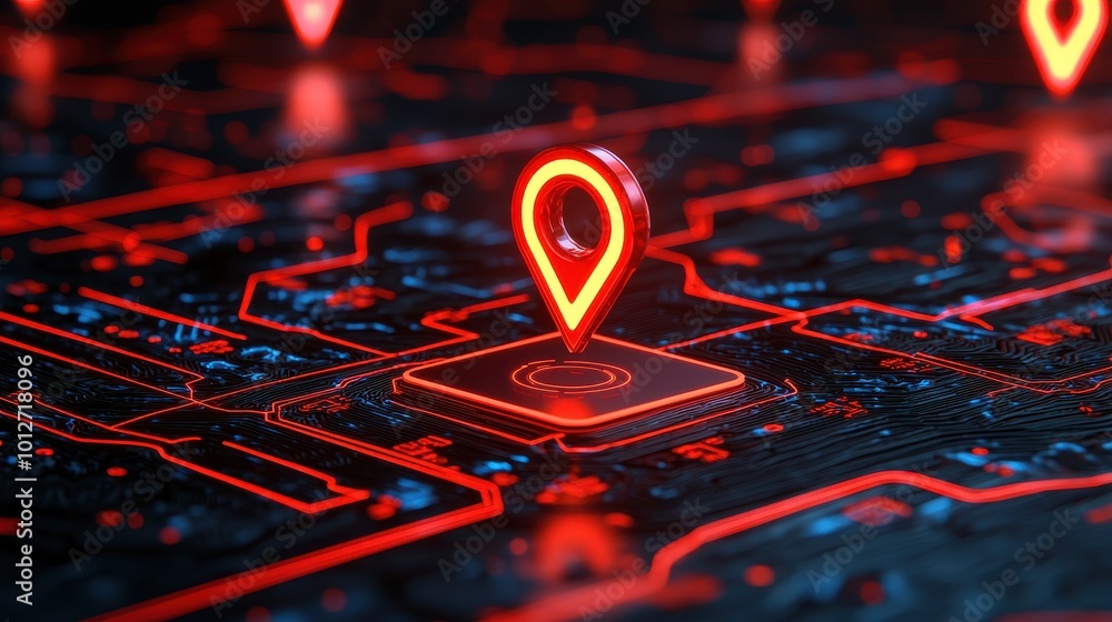 Poster a digital map with glowing red location pins on a dark circuit background, symbolizing navigation an
