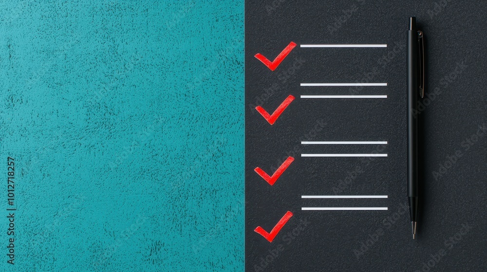 Poster a minimalist workspace showing red check marks and pen on contrasting teal and dark backgrounds, sym