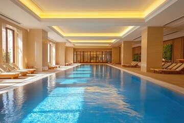 Modern facility with luxurious indoor swimming pool clear blue water multiple lanes beige tiles and lounge chairs