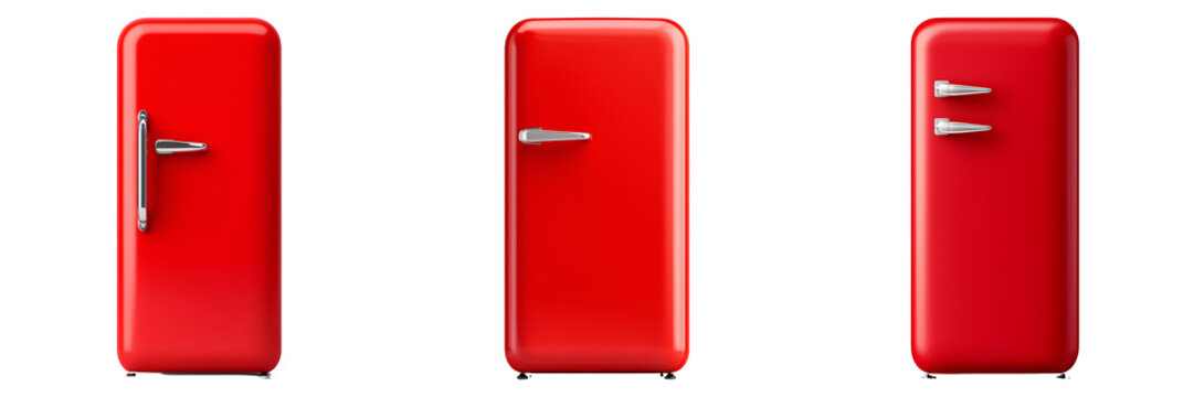 Classic red refrigerators in vintage style. Concept of kitchen appliance, food storage, and retro design