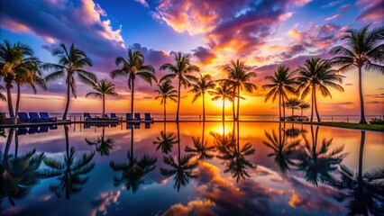 Tranquil poolside sunset showcases palm tree silhouettes against a vibrant sky, reflecting beautiful colors at a luxurious holiday resort, creating a serene atmosphere of relaxation.