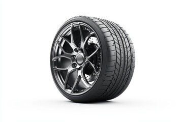 Obraz premium Modern racing car tire and aluminum wheel on white background