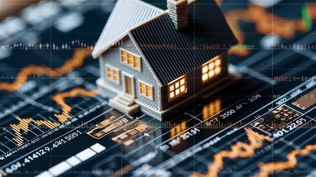 A miniature house model on a financial graph, symbolizing real estate investment trends.