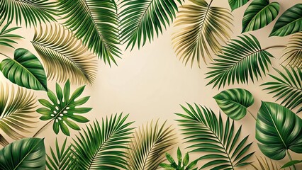 Forced perspective tropical leaves pattern on beige background