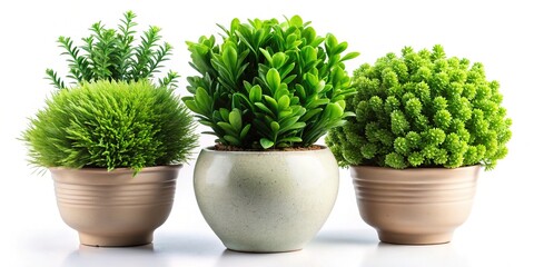 Vibrant green plants in stylish ceramic pots stand out against a pristine white background, perfect for enhancing your home decor with elegance and freshness.