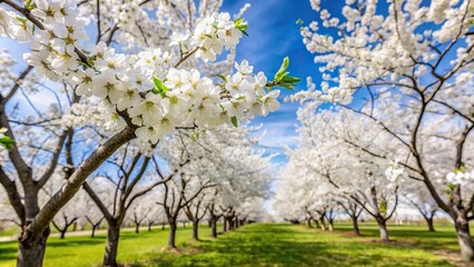 Forced perspective view of a cluster of white flower trees in early spring