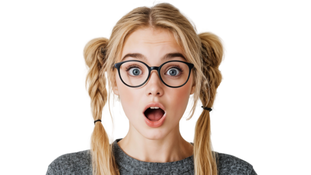 Close-up portrait of a young blonde girl with surprised and shocked expression, isolated on transparent background