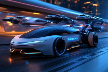 Watercolor depiction of futuristic transportation, with flying cars and sleek hyperloop systems painted in soft colors and glowing light