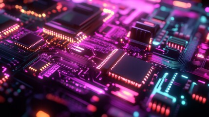 Obraz premium Close-up of a circuit board with glowing neon lights.