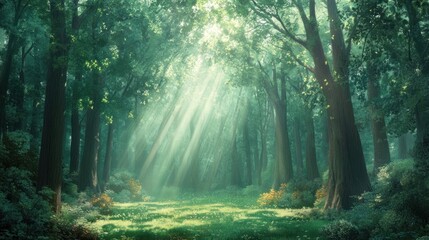 Fototapeta premium Sunbeams Through Forest Canopy