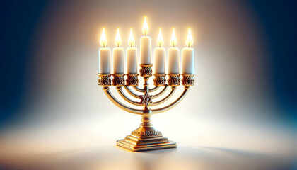 Fototapeta premium 3D Isolated menorah with glowing candles on white background concept as A simple isolated menorah with glowing candles on a white background. Ideal for infographics or educational materials that need 