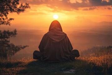 Monk in hood prays outside at sunset