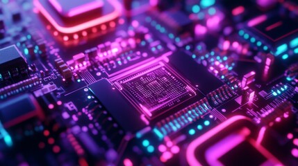 Obraz premium Close-up of a glowing circuit board with a central processor.