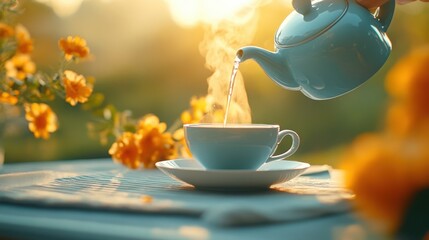 Pouring Hot Tea into a Cup on a Sunny Day