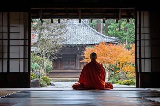 Monk praying in temple at Koyasan Japan