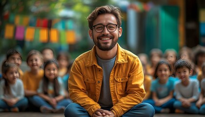 a person sitting on the ground with a group of people in the background

