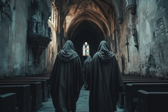 Monks in hoods stroll through the dim church