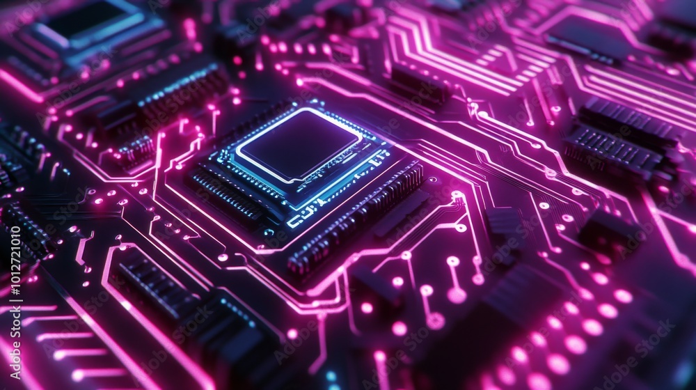 Aufkleber closeup of a glowing circuit board with a processor in the center.