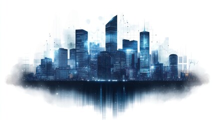 A modern city with shining forex charts isolated on a transparent background