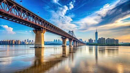 Naklejka premium Forced perspective view of Wuhan Yingwuzhou Yangtze River Bridge scenery