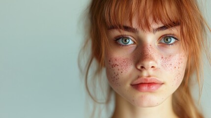 Serious teenage girl with visible acne on her cheeks, closeup shot with neutral expression, isolated against a plain background