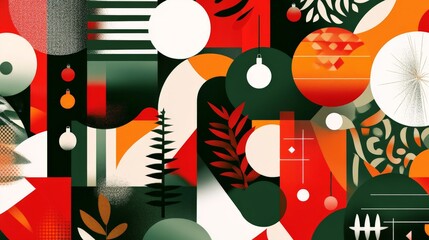 A creative abstract Christmas background featuring bold shapes and patterns in traditional holiday colors like red, green, and white.