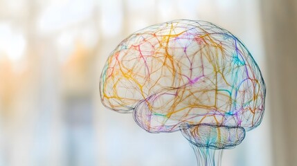 Close-up of a human brain model with vibrant neural pathways, symbolizing cognitive response and mental activity, ideal for educational and scientific visual content