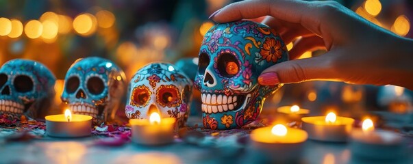 Fototapeta premium Colorful sugar skull with candles, symbolizing Dia de los Muertos, capturing the essence of celebration and remembrance.
