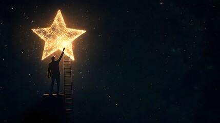 A businessman on a ladder reaching for a glowing star, symbolizing ambition and aspiration