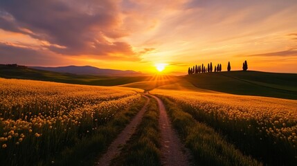 A breathtaking view of a golden Tuscan sunset over rolling hills and cypress trees, symbolizing beauty, tranquility, nature, journey, and inspiration.