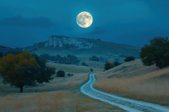 Moon rising over mountain road in Azerbaijan