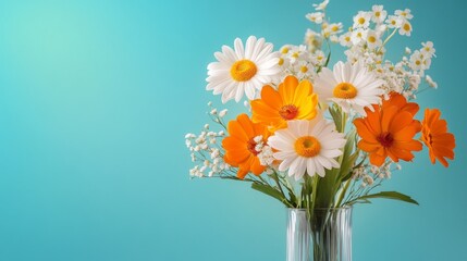 A captivating bouquet of white daisies and orange flowers in a clear vase, showcasing vibrant colors against a bright turquoise backdrop. This image represents joy, new beginnings, and the beauty of n