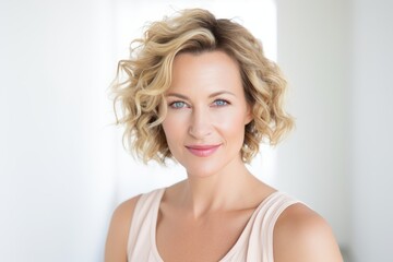 Portrait of a beautiful young woman with blond curly hair and makeup