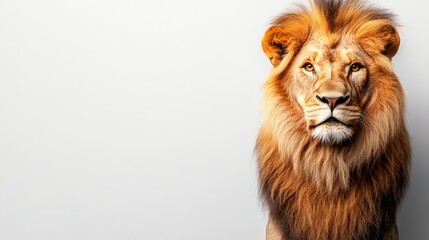 Fototapeta premium A captivating portrait of a majestic lion, showcasing its strength, power, and regal beauty. The lion's piercing gaze, thick mane, and confident posture radiate authority and grace. This image embodi
