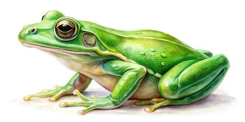 Fototapeta premium Forced perspective watercolor painting of a green frog on white background