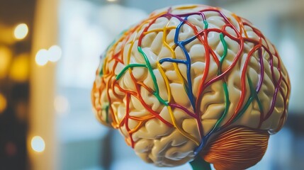 Close-up of a human brain model with vibrant neural pathways, symbolizing cognitive response and mental activity, ideal for educational and scientific visual content